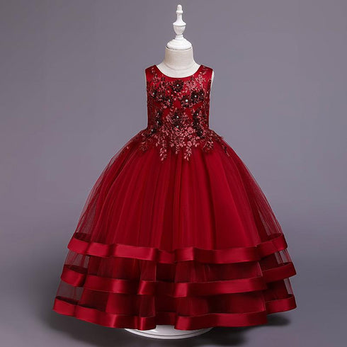 Flower Princess Dress Lace Beaded Multi-Layer Satin